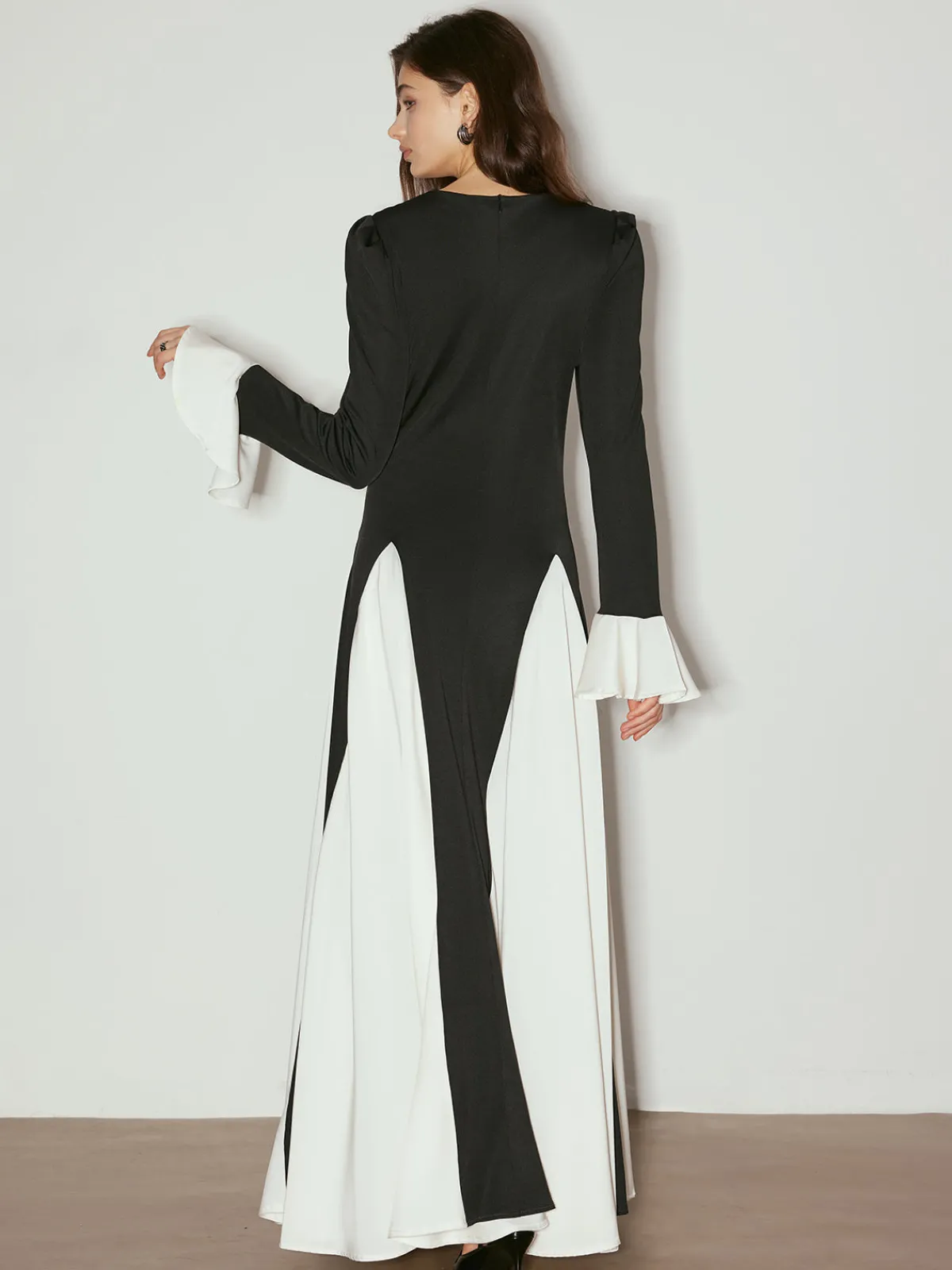Outlet Color Block Ruffle Long Dress Black Dresses|Casual Dresses