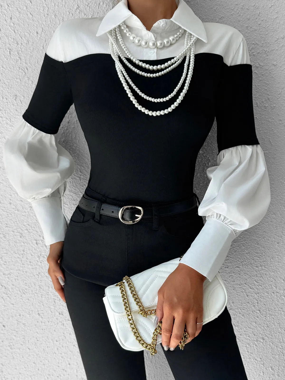 Online Color Block Skinny Lapel Top T-shirts|Tops