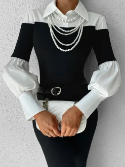 Online Color Block Skinny Lapel Top T-shirts|Tops