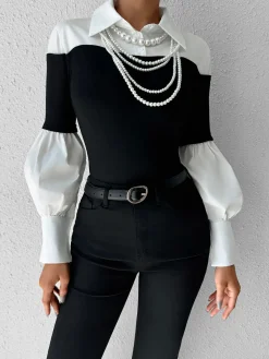Online Color Block Skinny Lapel Top T-shirts|Tops