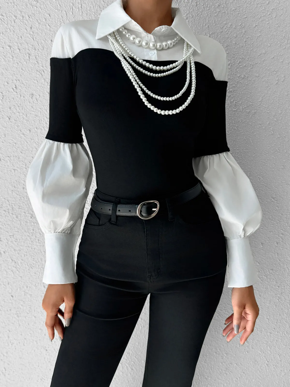 Online Color Block Skinny Lapel Top T-shirts|Tops