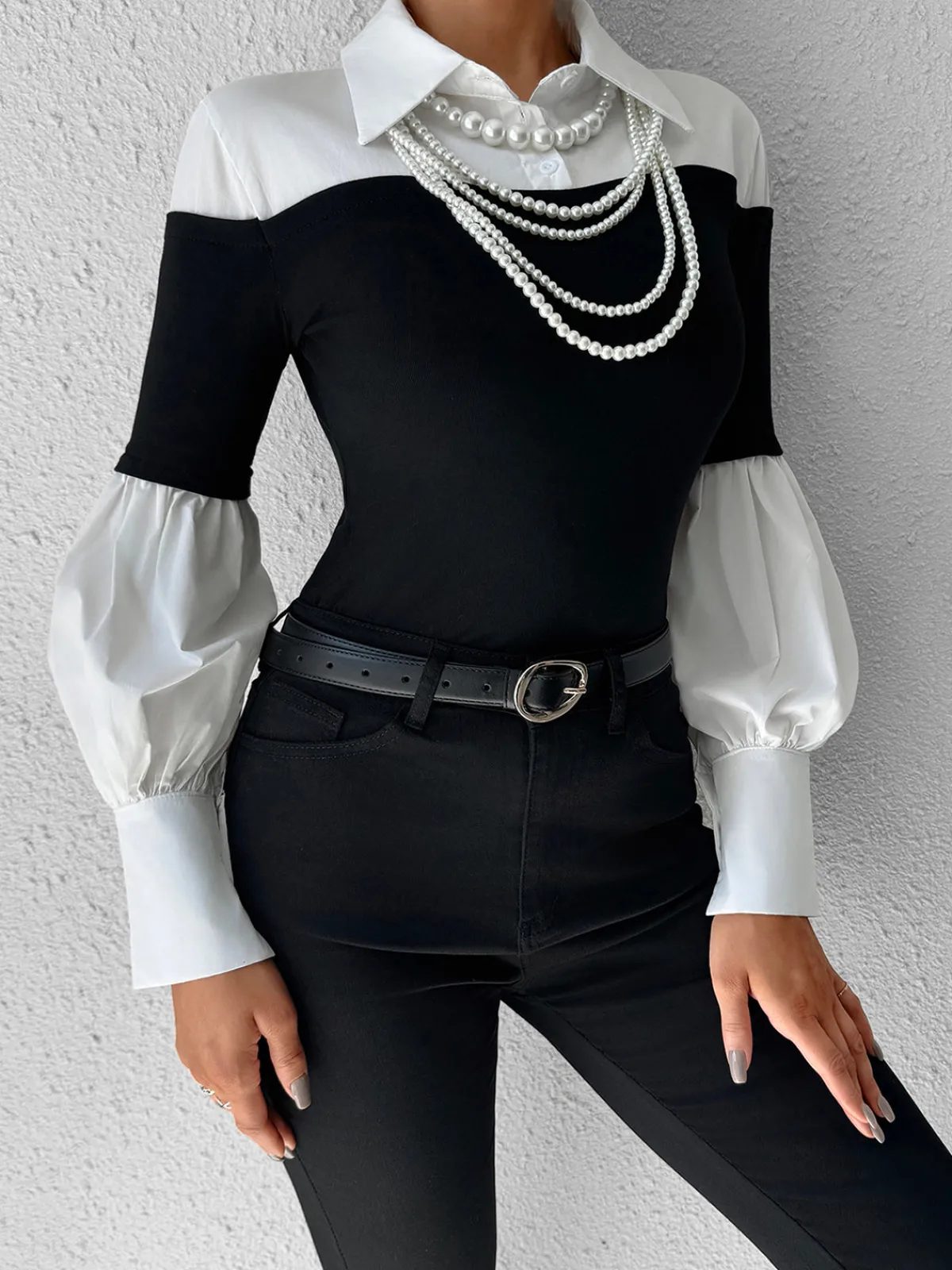 Online Color Block Skinny Lapel Top T-shirts|Tops