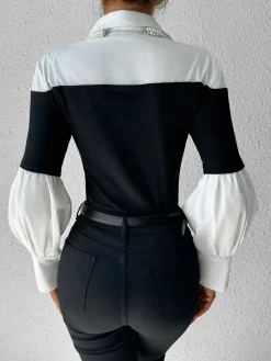 Online Color Block Skinny Lapel Top T-shirts|Tops