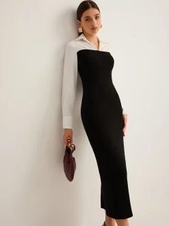 Sale Color Block Skinny Lapel Dress Black Dresses|Work Dresses