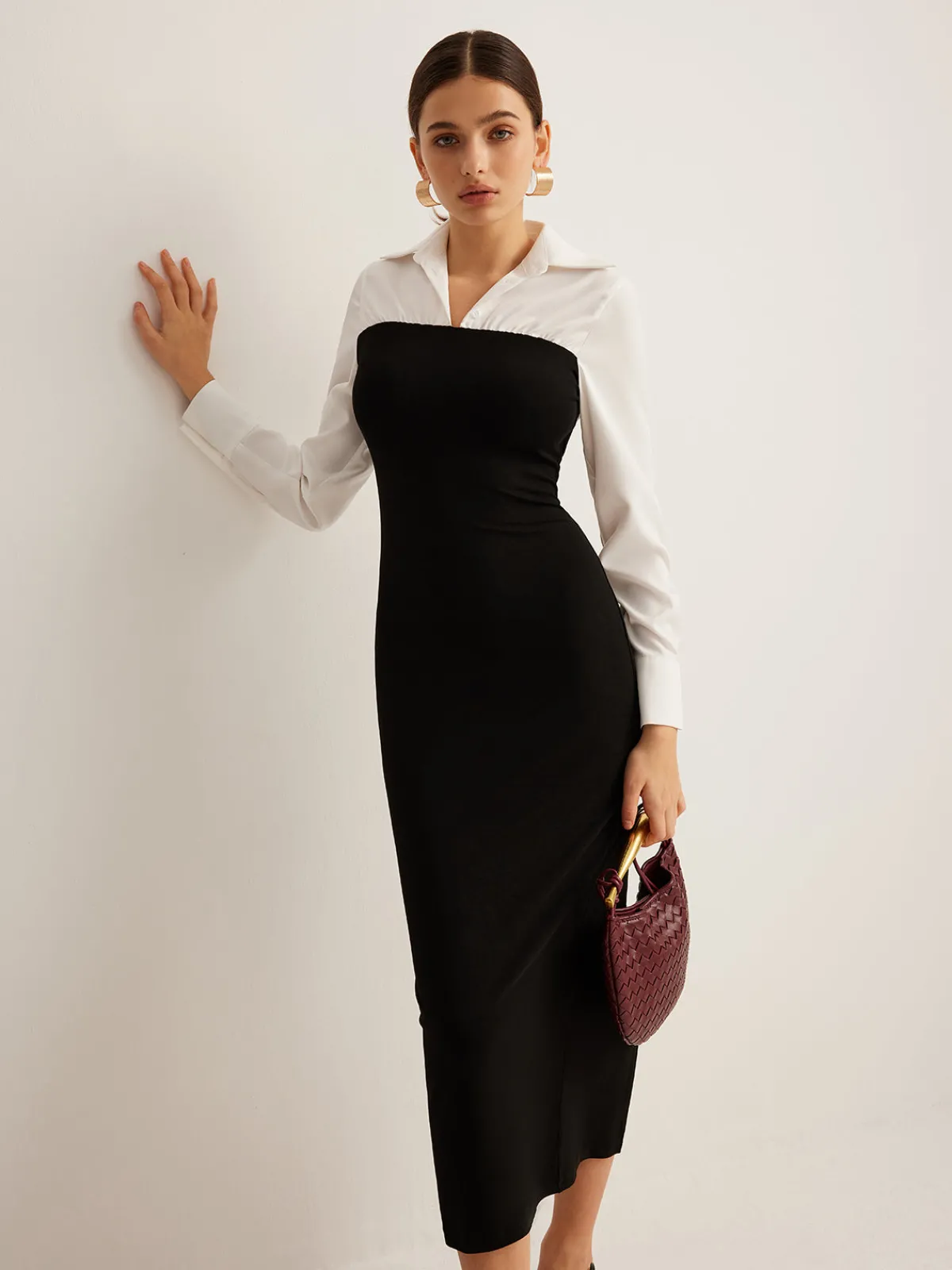 Sale Color Block Skinny Lapel Dress Black Dresses|Work Dresses