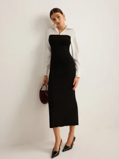 Sale Color Block Skinny Lapel Dress Black Dresses|Work Dresses