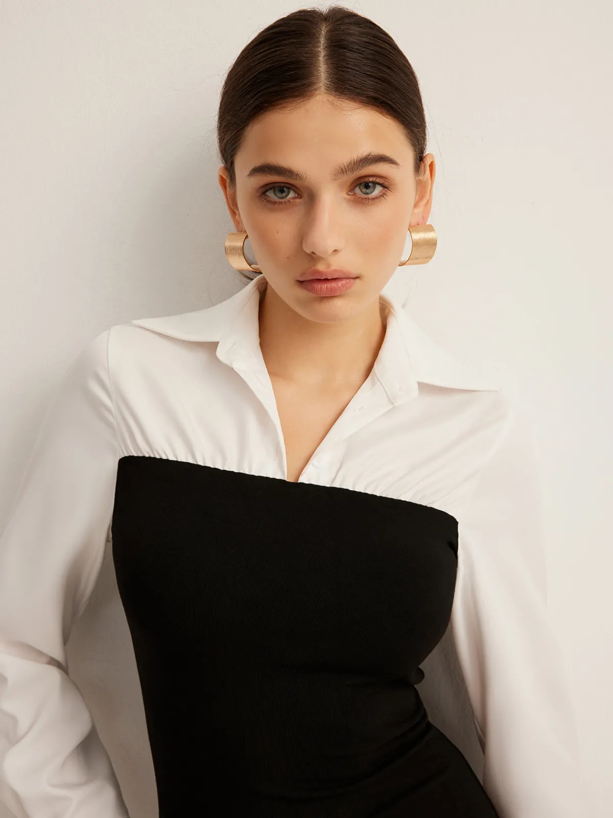 Sale Color Block Skinny Lapel Dress Black Dresses|Work Dresses