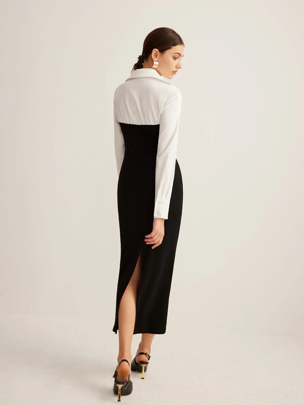 Sale Color Block Skinny Lapel Dress Black Dresses|Work Dresses