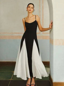 Discount Color Block Spaghetti Strap Long Dress Black Dresses|Casual Dresses
