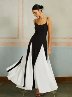 Discount Color Block Spaghetti Strap Long Dress Black Dresses|Casual Dresses