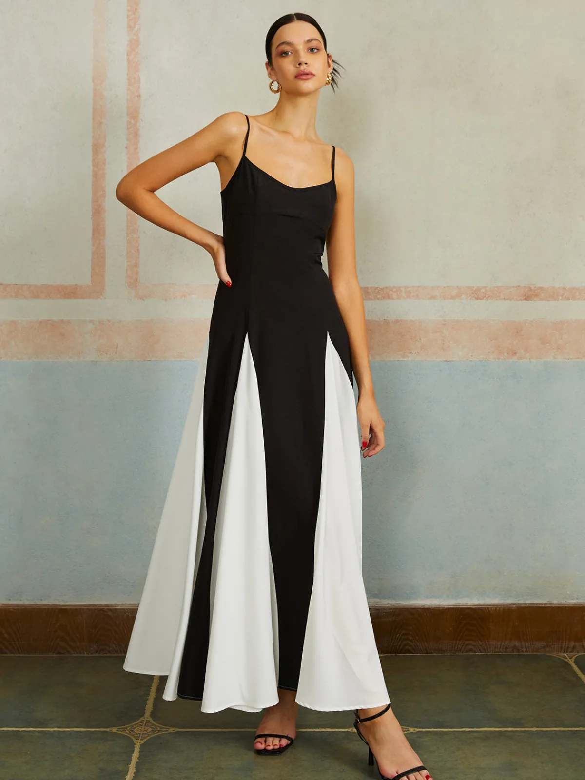 Discount Color Block Spaghetti Strap Long Dress Black Dresses|Casual Dresses