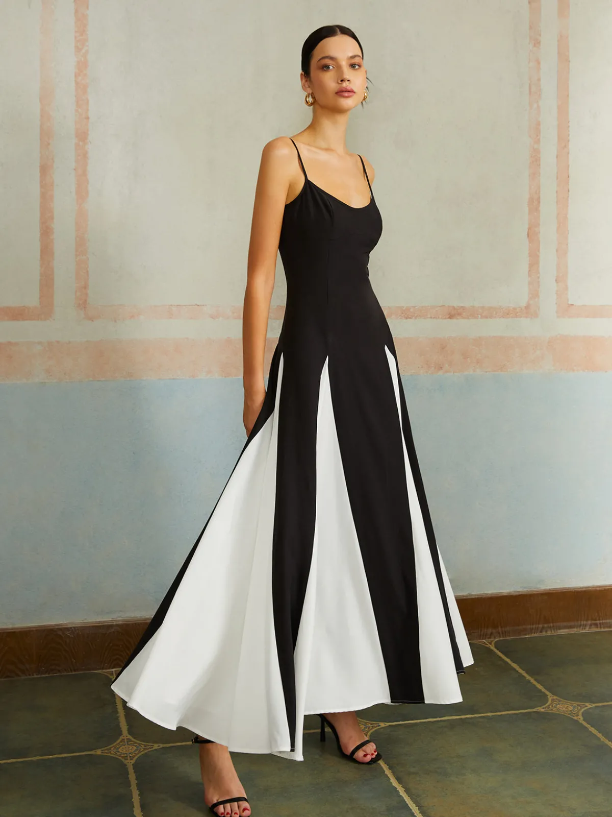 Discount Color Block Spaghetti Strap Long Dress Black Dresses|Casual Dresses