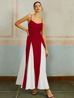 Discount Color Block Spaghetti Strap Long Dress Black Dresses|Casual Dresses