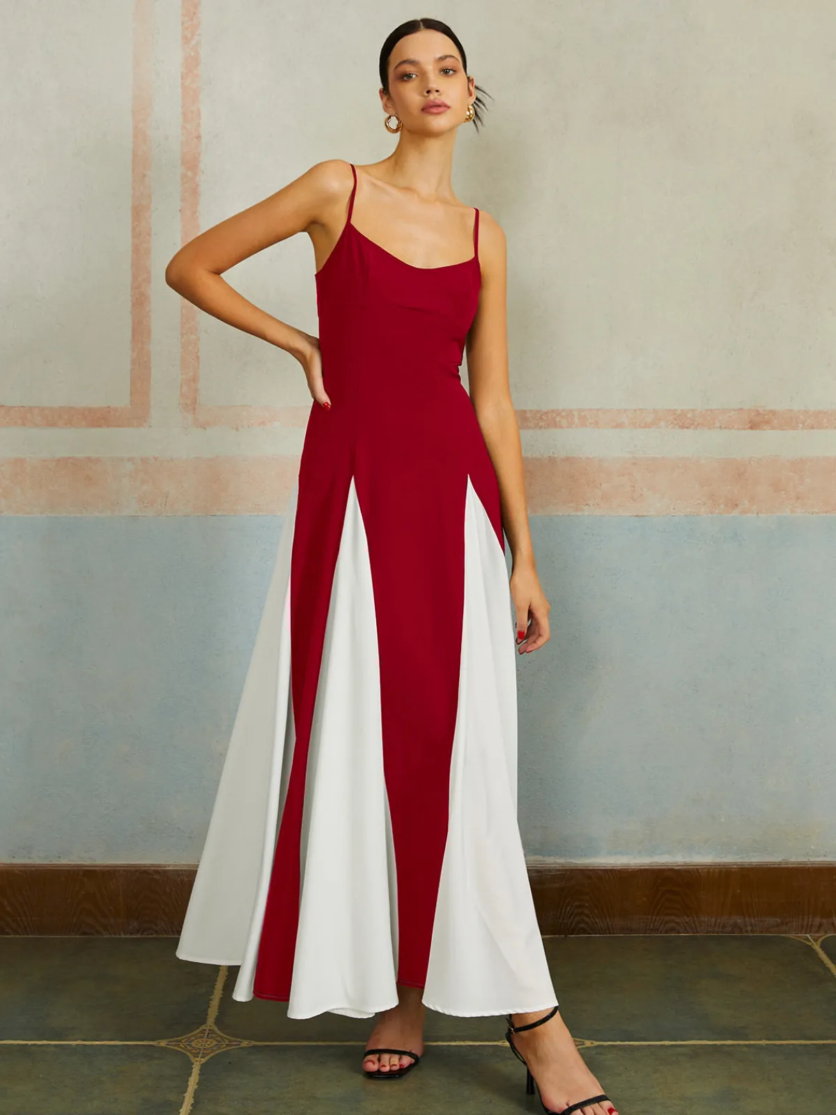 Discount Color Block Spaghetti Strap Long Dress Black Dresses|Casual Dresses