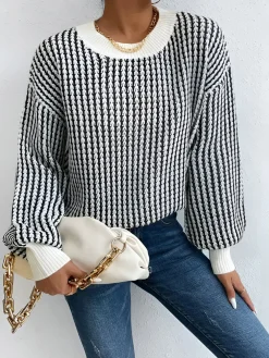 Online Color Block Striped Knit Top Sweater Tops|Sweaters & Cardigans