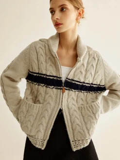 Discount Color Block Twist Zipper Knit Outerwear Sweater Tops|Outerwear