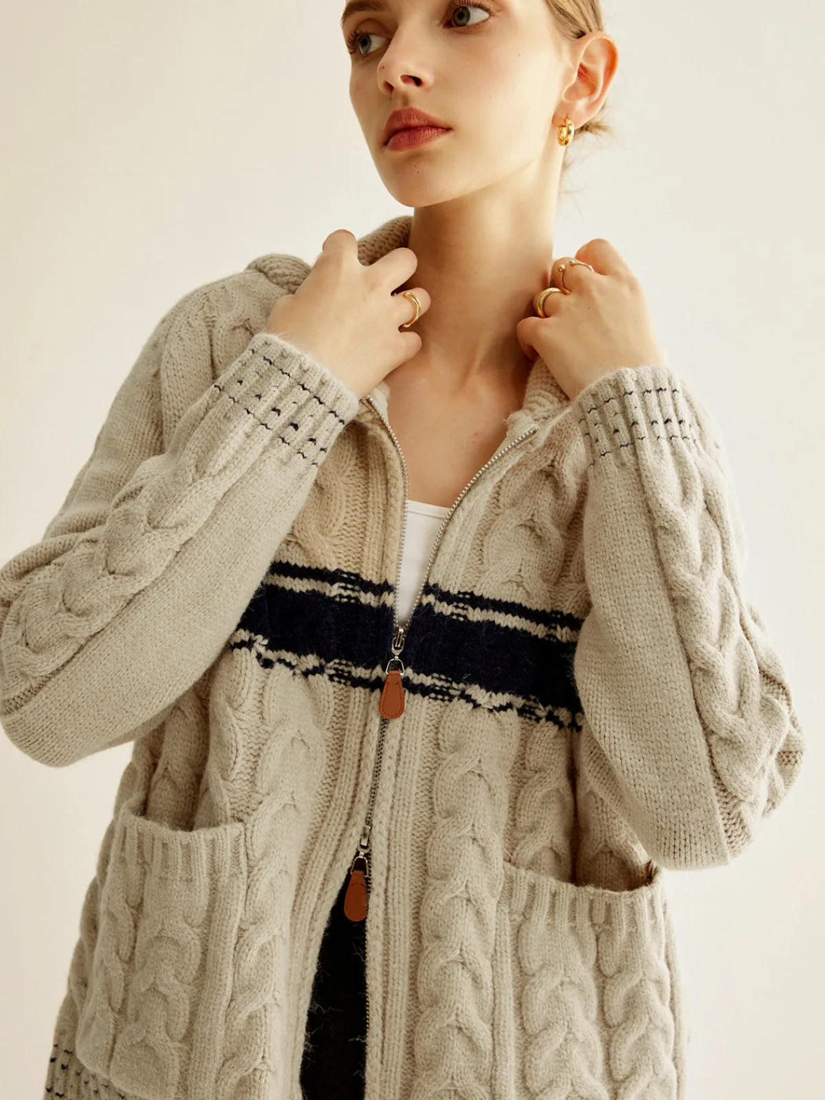 Discount Color Block Twist Zipper Knit Outerwear Sweater Tops|Outerwear