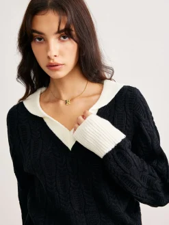 Discount Color Block V-Neck Twist Sweater Sweater Tops|Sweaters & Cardigans