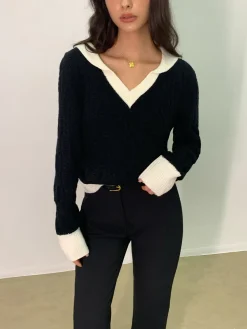 Sale Color Block V-Neck Twist Sweater Sweater Tops|Sweaters & Cardigans
