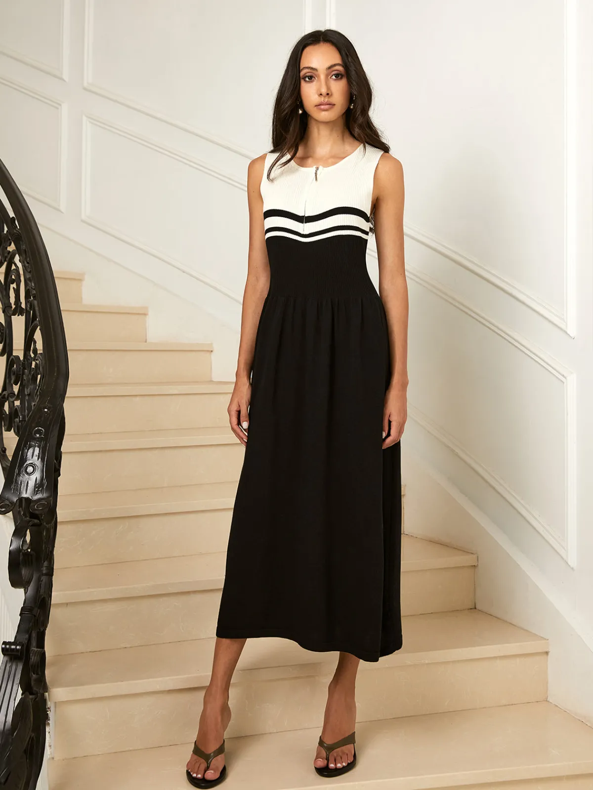 Hot Colorblock Zip Front Sweater Dress White Dresses|Sweater Dresses