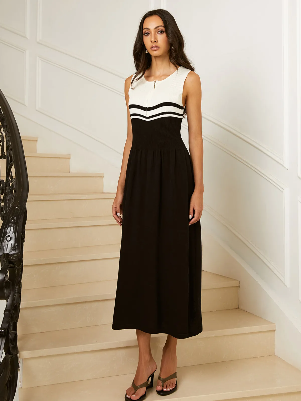 Hot Colorblock Zip Front Sweater Dress White Dresses|Sweater Dresses