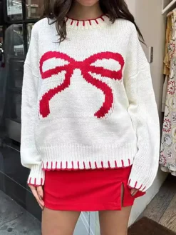 Sale Contrast Binding Bow Sweater Sweater Tops|Sweaters & Cardigans