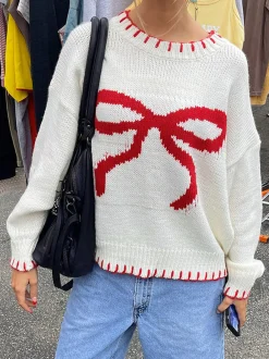 Sale Contrast Binding Bow Sweater Sweater Tops|Sweaters & Cardigans