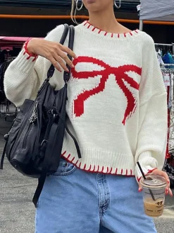 Sale Contrast Binding Bow Sweater Sweater Tops|Sweaters & Cardigans