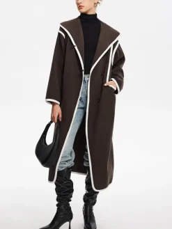 New Contrast Binding Breasted Long Coat Outerwear|Coats