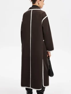 New Contrast Binding Breasted Long Coat Outerwear|Coats