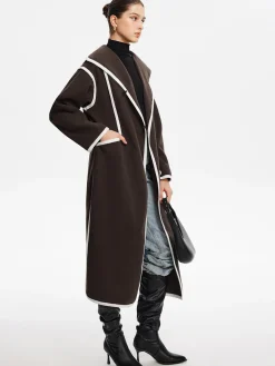 New Contrast Binding Breasted Long Coat Outerwear|Coats