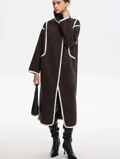 New Contrast Binding Breasted Long Coat Outerwear|Coats