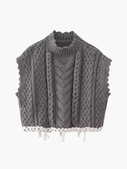 Online Contrast Binding Cable Sweater Vest Vests|Knitwear