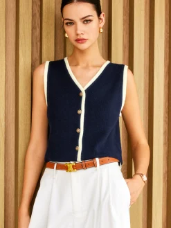 New Contrast Binding Golden Button Sweater Vest Sweater Vests|Sweaters & Cardigans