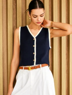 New Contrast Binding Golden Button Sweater Vest Sweater Vests|Sweaters & Cardigans