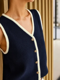 New Contrast Binding Golden Button Sweater Vest Sweater Vests|Sweaters & Cardigans