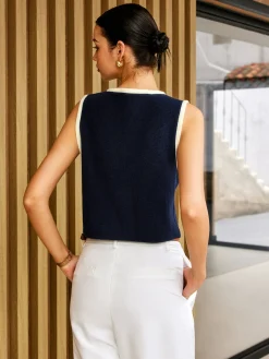 New Contrast Binding Golden Button Sweater Vest Sweater Vests|Sweaters & Cardigans