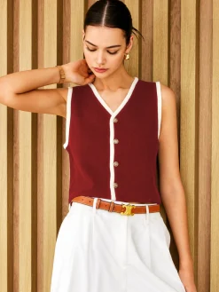 New Contrast Binding Golden Button Sweater Vest Sweater Vests|Sweaters & Cardigans