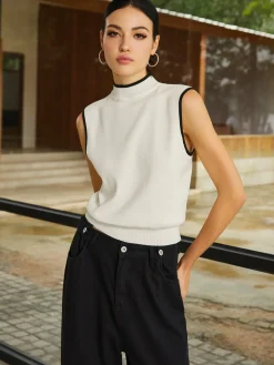 Online Contrast Binding High Neck Knit Vest Sweater Vests|Sweaters & Cardigans