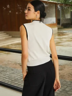 Online Contrast Binding High Neck Knit Vest Sweater Vests|Sweaters & Cardigans