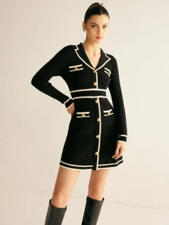 Contrast Binding Lapel Sweater Dress Black Dresses|Sweater Dresses
