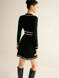 Contrast Binding Lapel Sweater Dress Black Dresses|Sweater Dresses