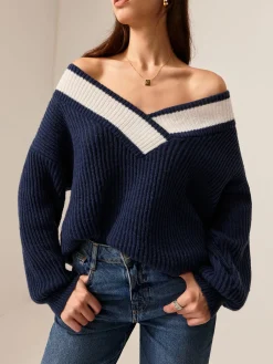 Hot Contrast Binding Off-Shoulder Sweater Sweater Tops|Sweaters & Cardigans
