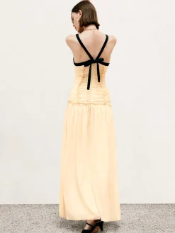 New Contrast Binding Pleated Long Dress Cocktail & Party Dresses|Vacation Dresses