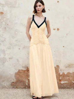 New Contrast Binding Pleated Long Dress Cocktail & Party Dresses|Vacation Dresses