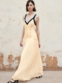 New Contrast Binding Pleated Long Dress Cocktail & Party Dresses|Vacation Dresses
