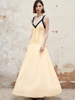 New Contrast Binding Pleated Long Dress Cocktail & Party Dresses|Vacation Dresses