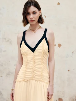 New Contrast Binding Pleated Long Dress Cocktail & Party Dresses|Vacation Dresses