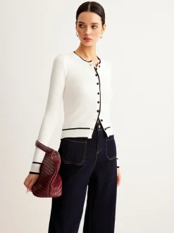 Best Contrast Binding Ribbed Button Cardigan Cardigans|Sweaters & Cardigans