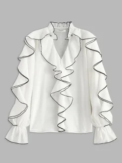 Online Contrast Binding Ruffle Thin Blouse Tops